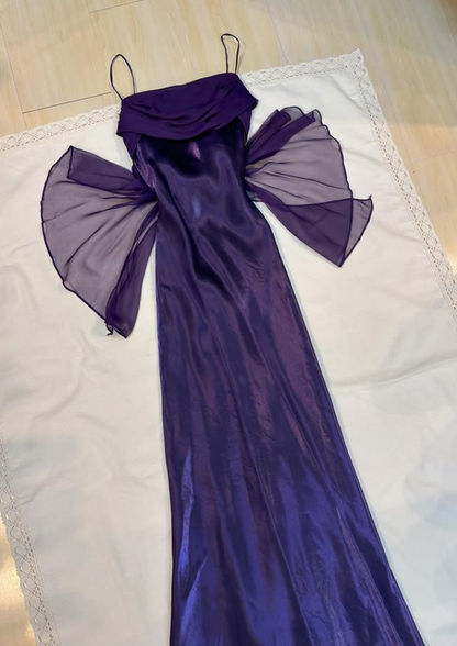 Vintage Dark Purple Simple Sheath Chiffon Satin Prom Dress Evening Dress Date Dress DP5279