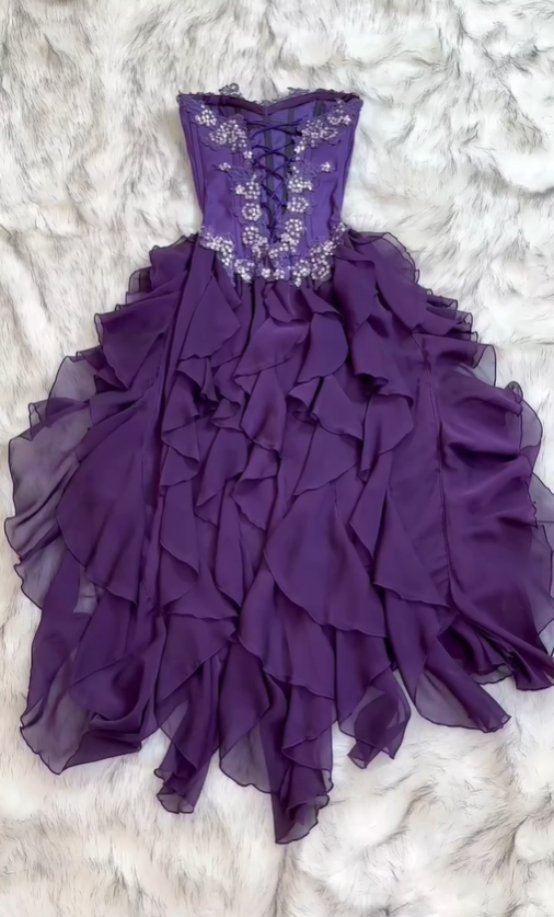 Purple Vintage A Line Sweetheart Neck Ruffle Chiffon Prom Dress DP5158