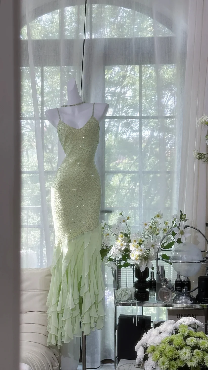 Exquisite Beaded Light Green Mermaid Ruffle Chiffon Prom Dress Date Dress Evening Dress DP2905