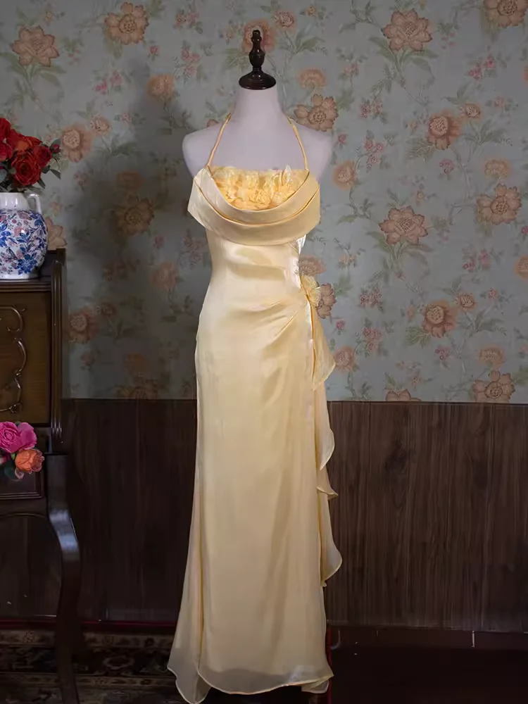 Vintage Mermaid Halter Yellow Flowers Chiffon Long Prom Dress DP296