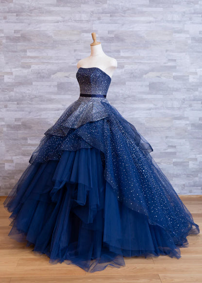 Stunning Ball Gown Strapless Sequin Layered Navy Blue Tulle Prom Dress 16th Birthday Dress DP3501