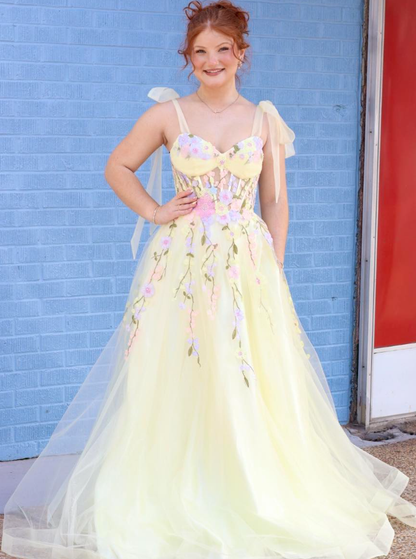 Light Yellow A Line Colorful Appliques Tulle Prom Dress Party Evening Dress DP6286