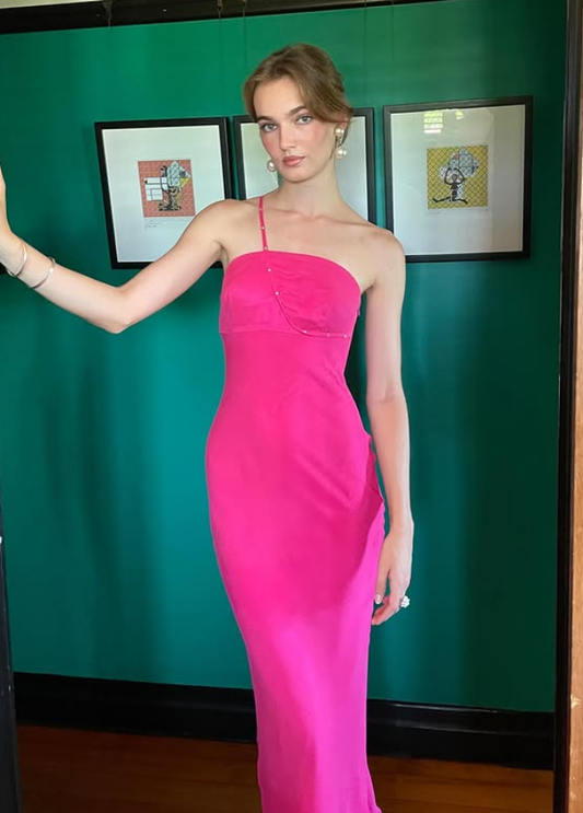 Sexy Barbie Pink Sheath One Shoulder Satin Prom Dress Evening Dress DP5505
