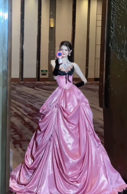 Sweety Pink Ball Gown Sweetheart Neck Pleated Satin Long Prom Dress DP4607
