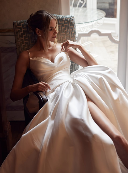 Simple Ball Gown Spaghetti Strap Pearl White Satin Long Wedding Dress with Slit DP5838