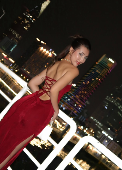 Sexy Sheath Strapless Burgundy Velvet Long Prom Dress Evening Dress DP1629