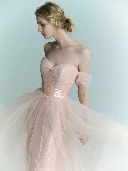 Shiny Pink Mermaid Off the Shoulder Tulle Sequin Party Dress Prom Dress Formal Gown DP3725