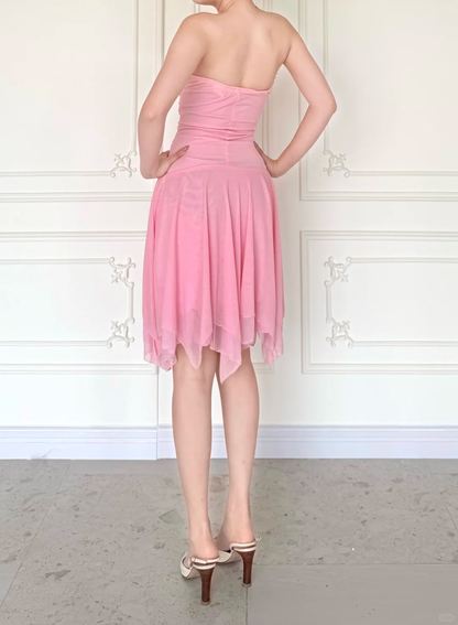 Vintage A Line Strapless Sweety Pink Chiffon Homecoming Dress Outfits DP5136