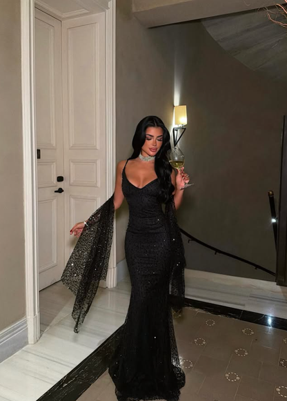 Shiny Black Mermaid Spaghetti Strap Sequin Tulle Long Prom Dress Evening Dress DP8178