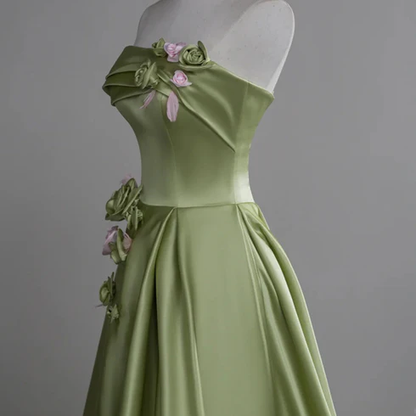 Green A-line Satin With Flowers Long Evening Dress Prom Dress DP603