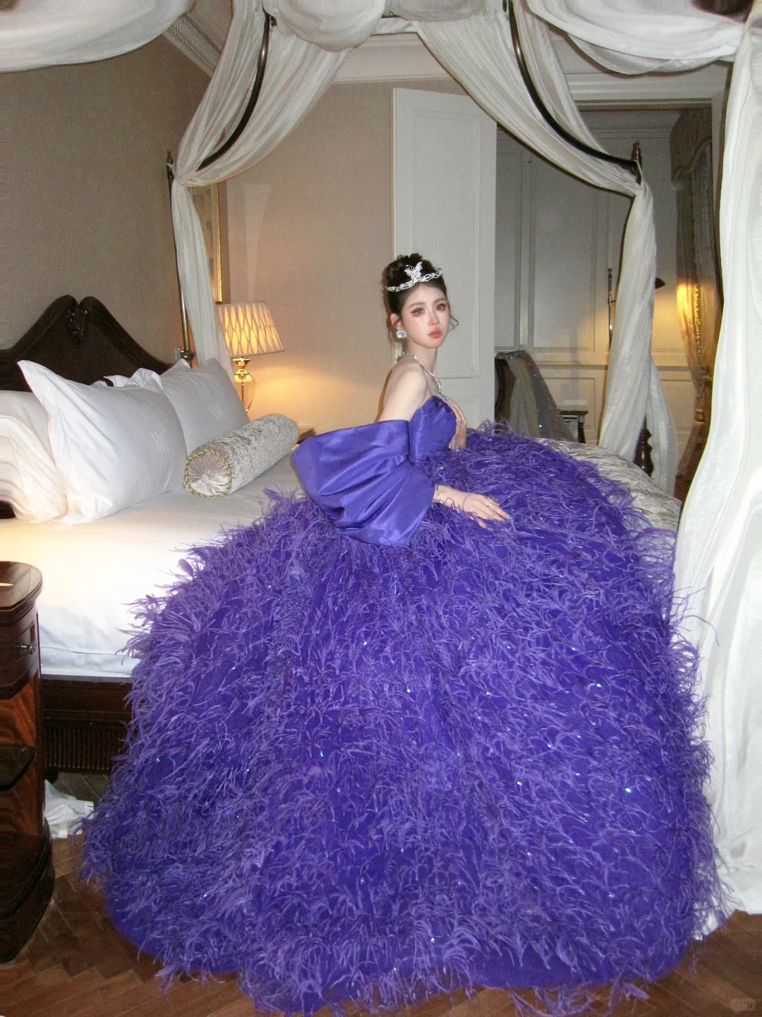 Charming A Line Sweetheart Neck Grape Purple Feather Satin Ball Gown Prom Dress DP2521