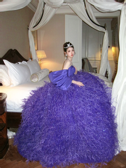 Charming A Line Sweetheart Neck Grape Purple Feather Satin Ball Gown Prom Dress DP2521