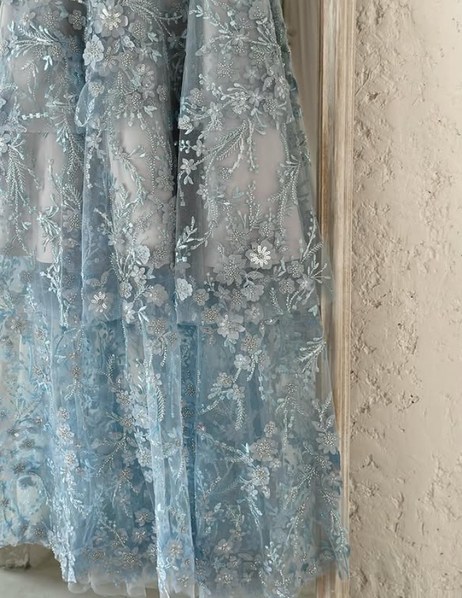 Gentle Baby Blue A Line Strapless Embroidery Floral Tulle Prom Dress Evening Dress DP5780