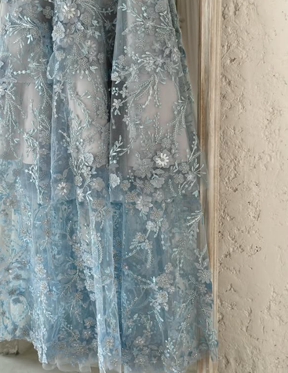 Gentle Baby Blue A Line Strapless Embroidery Floral Tulle Prom Dress Evening Dress DP5780