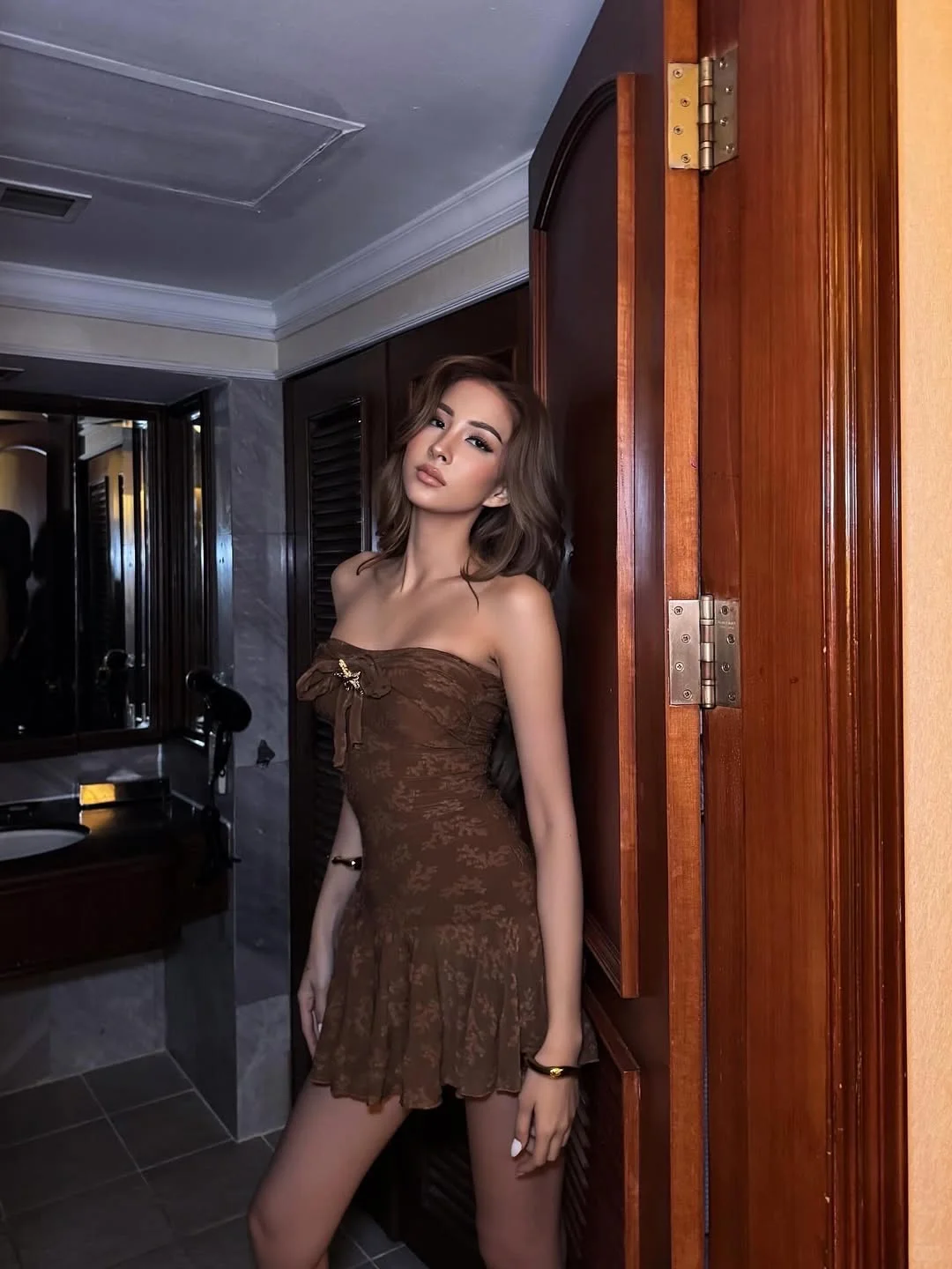 Brown A Line Strapless Lace Short Homecoming Dress Outfits DP4586