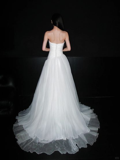 Simple Beautiful Ball Gown Strapless White Satin Tulle Long Wedding Dress DP6363