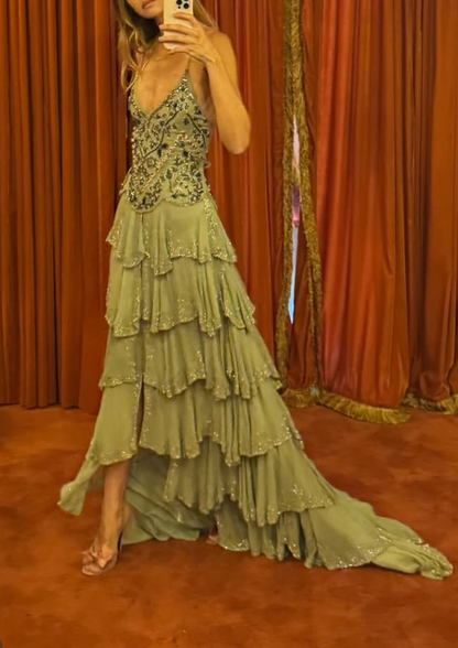Green A Line Spaghetti Straps Beaded Layered Chiffon Backless Prom Dress Evening Dress DP5939