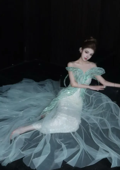 Ethereal Green Ball Gown Off the Shoulder Sequin Tulle Prom Dress Quinceanera Dress DP6612