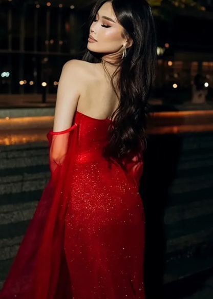 Sexy Red Mermaid Strapless Sequin Tulle Long Prom Dress Graduation Prom Dress DP4886