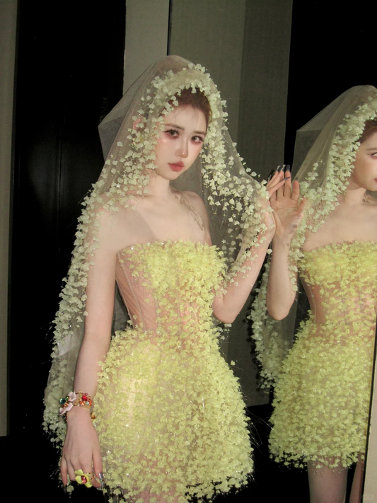 Cute A Line Strapless Yellow Flower Tulle Short Homecoming Dress Cocktail Dress DP2522