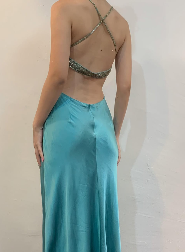 Vintage Sheath Spaghetti Strap Beaded Blue Satin Open Back Prom Dress Evening Dress DP1680