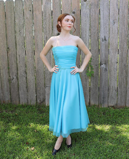 Cute A Line Strapless Appliques Blue Tulle Party Dress Evening Dress DP2278