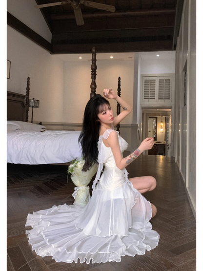 Flowy Ivory Ruffle Chiffon A Line Straps Prom Dress Evening Dress DP5766