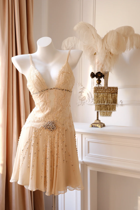 Vintage Apricot A Line Beaded Lace Chiffon Short Prom Dress Homecoming Dress DP5437