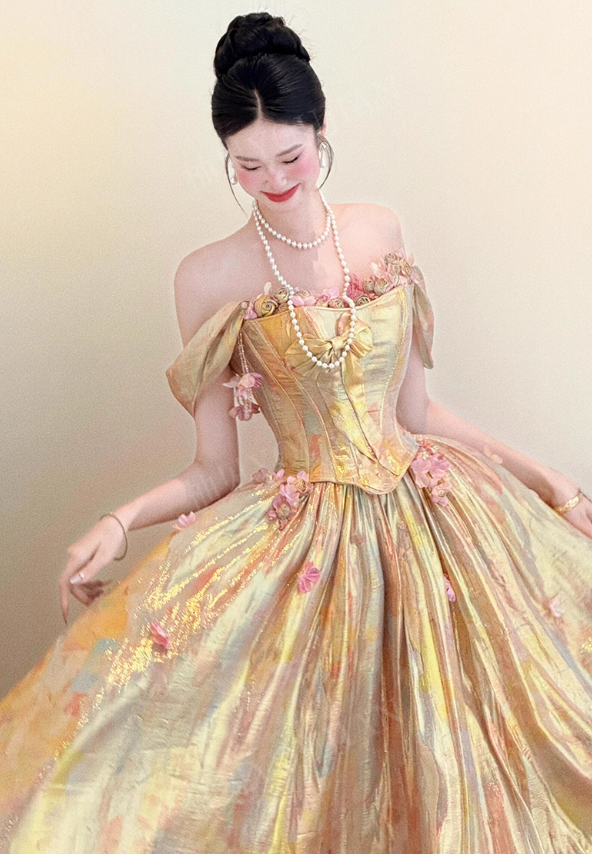 Stunning Ball Gown Off the Shoulder Floral Golden Satin Prom Dress 16th Birthday Dress DP3566
