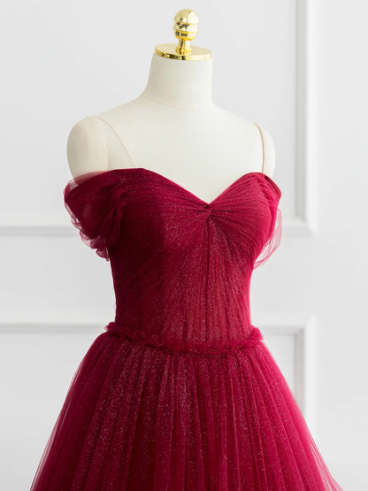 Burgundy Shiny Tulle Long Prom Dress Off the Shoulder Evening Dress DP400