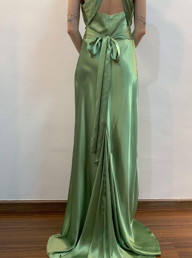 Vintage Sheath Halter Green Satin Open Back Prom Dress Evening Dress with Bow DP1604