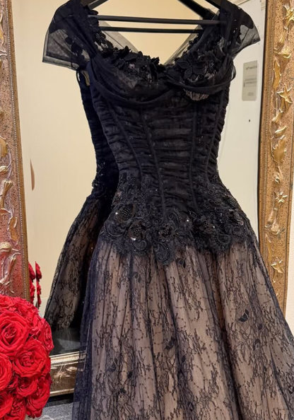 New Black A Line Spaghetti Strap Sequin Lace Tulle Prom Dress Evening Dress DP7951