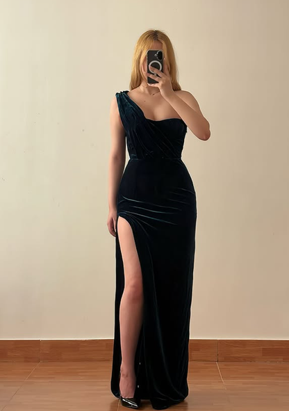Unique Sheath One Shoulder Velvet Slit Long Prom Dress Evening Dress DP6439
