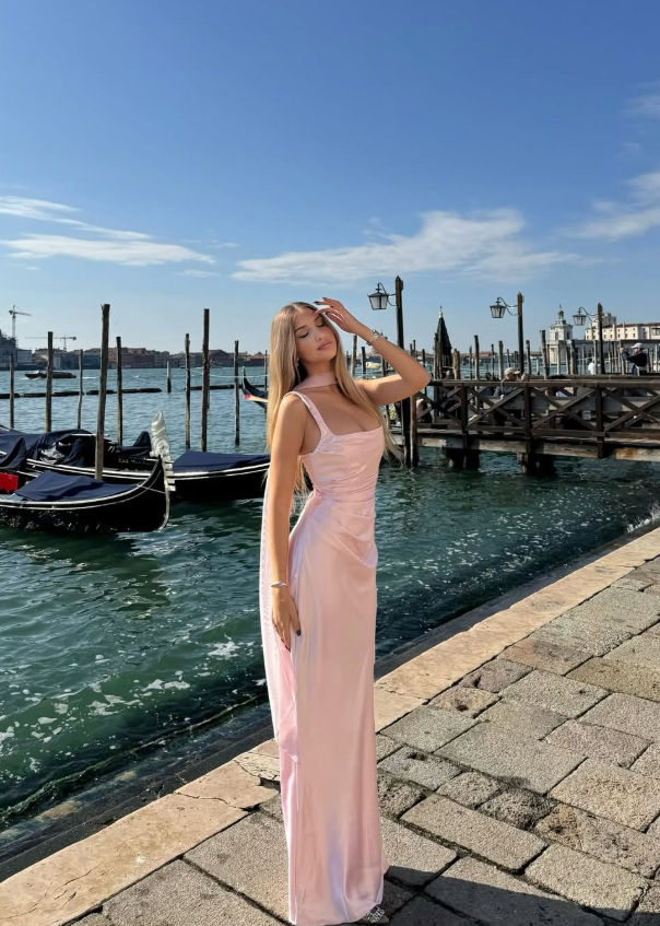 Gentle Pink Sheath Straps Satin Long Prom Dress Wedding Guest Dress DP4370