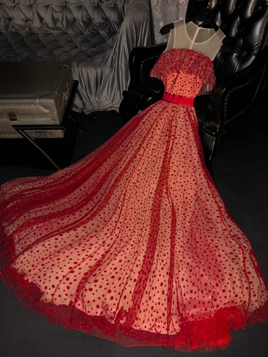 Red Polka Dots A Line Tulle Long Prom Dress Graduation Prom Dress DP1979