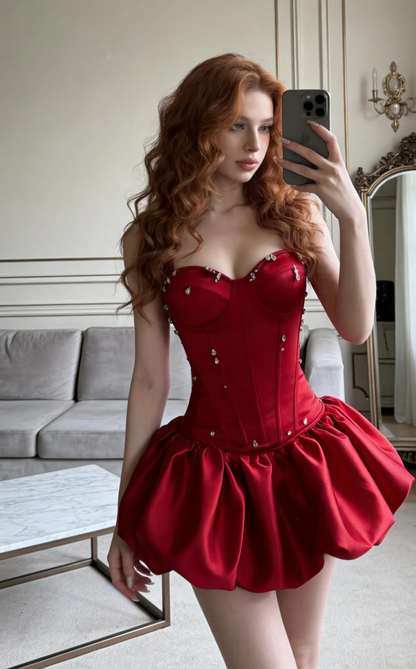 Red A Line Straps Rhinestone Satin Short Homecoming Dress Cocktail Dress DP5041