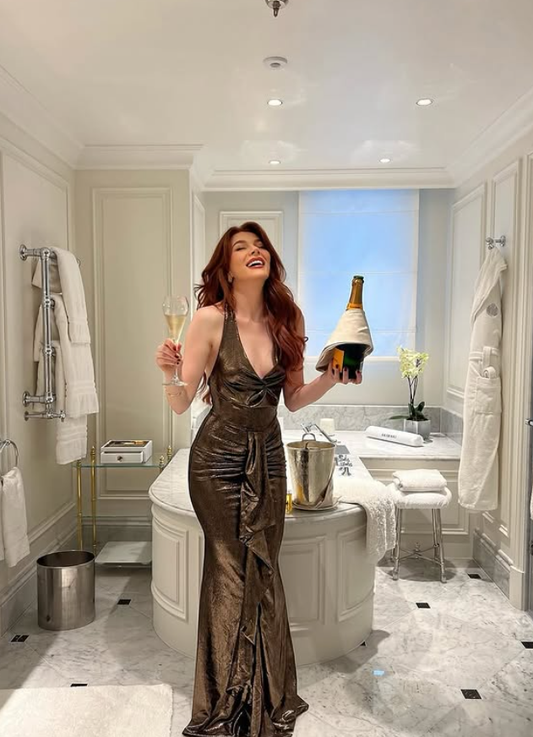 Stunning Mermaid Halter Brown Ruffle Satin Long Prom Dress Wedding Guest Dress DP4317