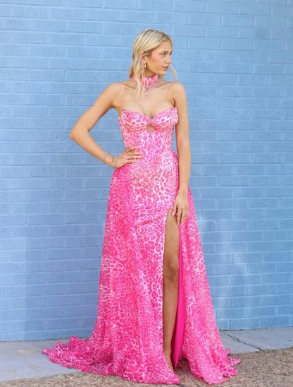 Pink Leopard Print A Line Strapless Chiffon Slit Prom Dress Party Evening Dress DP6301