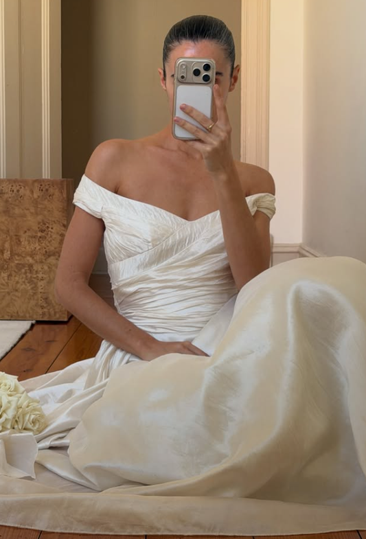 Vintage A Line Off the Shoulder Ivory Pleated Satin Wedding Dress DP7699