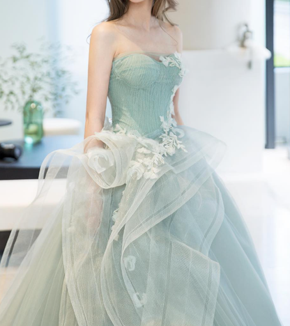 Elegant A Line Strapless Appliques Ruffle Green Tulle Ball Gown Prom Dress DP1542