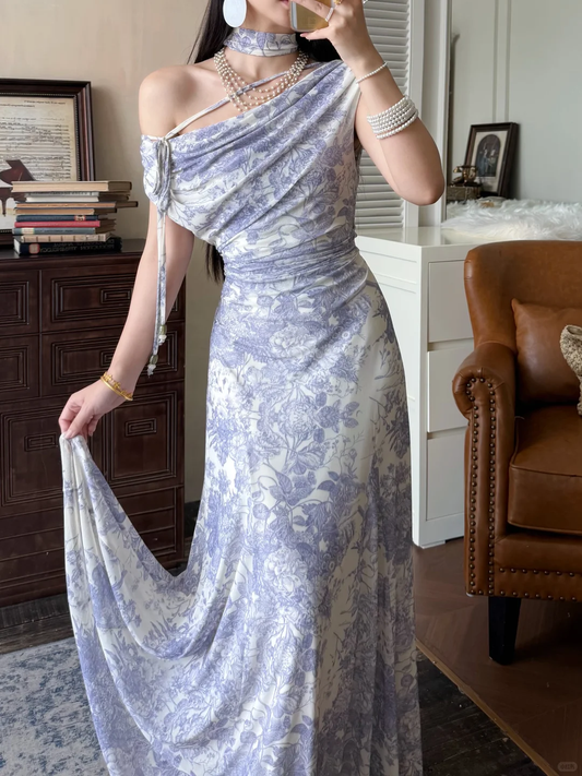 Unique Purple Mermaid Print Floral Chiffon Long Prom Dress Evening Dress DP5649