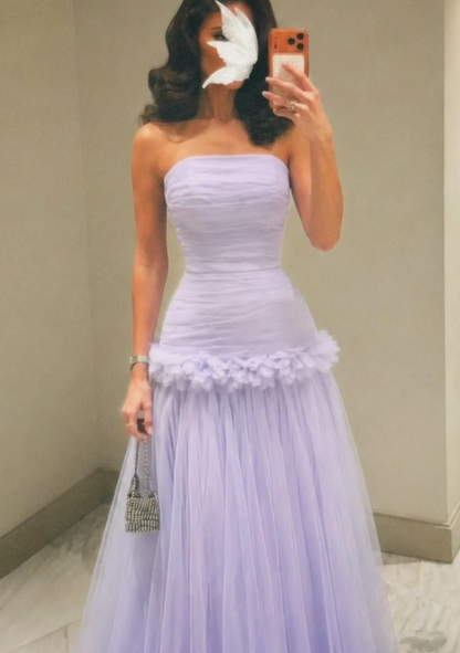 Romantic Lilac A Line Strapless Tulle Long Prom Dress Evening Dress DP6921
