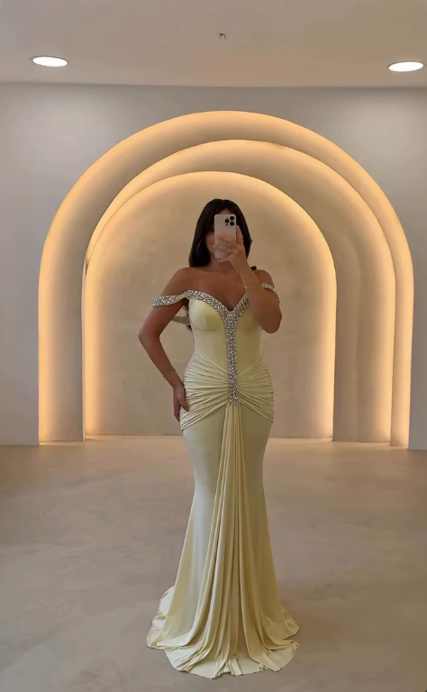 Yellow Mermaid Off the Shoulder Beaded Pleated Satin Prom Dress Evening Dress DP4335