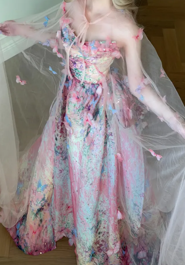 Sweety Pink Ball Gown Print Floral Chiffon Prom Dress Quinceanera Dress DP6614