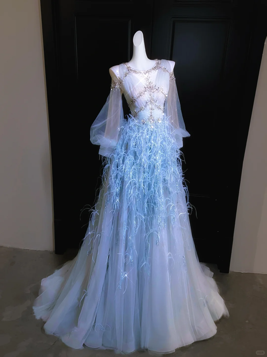 Blue Feather Exquisite Beaded Long Sleeve Tulle Date Dress Evening Dress Prom Dress DP2901
