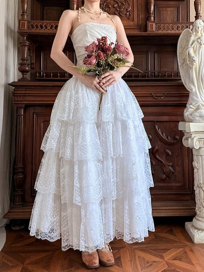 Vintage Princess White A Line Layered Lace Satin Long Prom Dress Evening Dress DP5617
