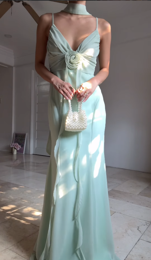Romantic Mermaid Spaghetti Straps Ruffle Light Green Chiffon Graduation Prom Dress DP4873
