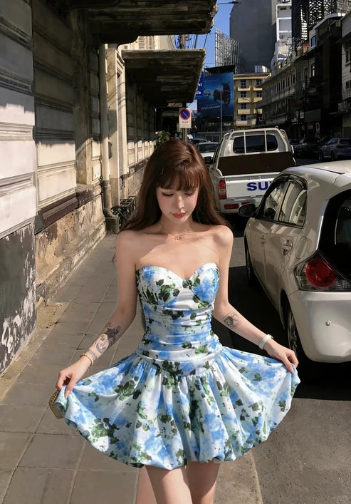 Cute A Line Sweetheart Neck Blue Print Floral Satin Short Homecoming Dress Outfits DP6398