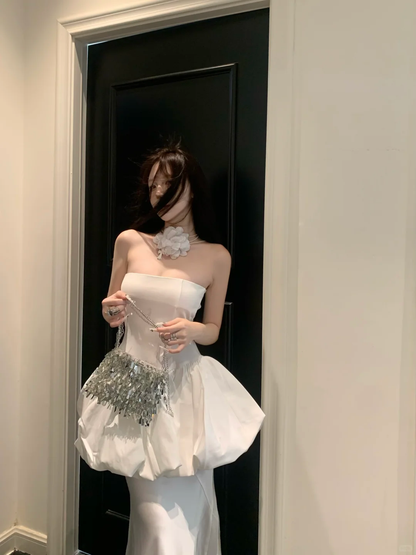 Unique Mermaid Strapless White Satin Prom Dress Evening Dress DP3846