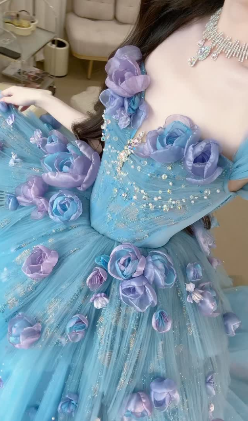 Blue Floral Ball Gown Sweetheart Neck Exquisite Beaded Tulle Long Prom Dress DP4604
